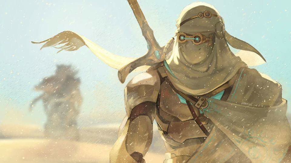 2boys, cyborg, desert, genji_(overwatch), han_yijie, hanzo_(overwatch), multiple_boys, nomad_genji, okami_hanzo, overwatch, overwatch_1, sheath, sheathed, source_request, sword, weapon