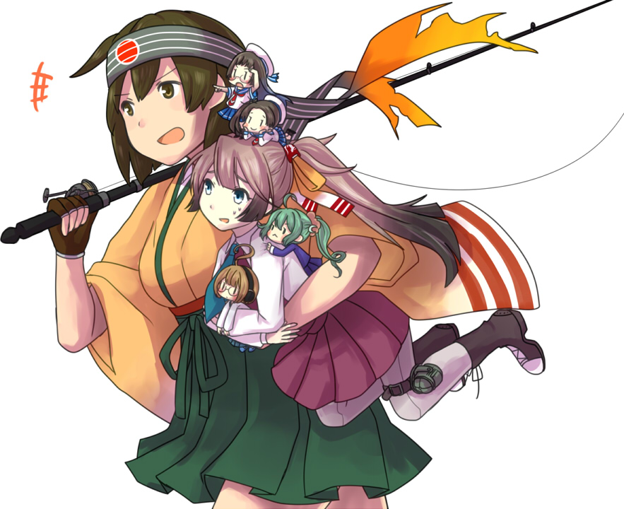 >:<, >:d, 10s, 12.7cm_high-angle_mount, 6+girls, :<, :d, ahoge, beret, black_hair, blue_eyes, blush, boots, brown_eyes, brown_hair, carrying, closed_mouth, commentary_request, fairy_(kancolle), fingerless_gloves, fishing_rod, gloves, green_hair, hat, headband, headphones, hiryuu_(kancolle), iwana, japanese_clothes, kantai_collection, kazagumo_(kancolle), long_hair, multiple_girls, necktie, on_head, open_mouth, pantyhose, ponytail, school_uniform, scrunchie, searchlight, skilled_lookouts_(kancolle), smile, type_3_active_sonar, v-shaped_eyebrows, white_background