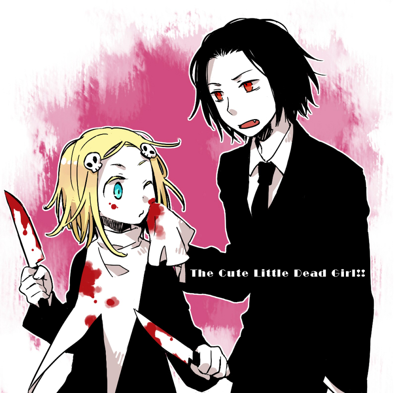 1boy, 1girl, black_hair, blonde_hair, blood, blue_eyes, collared_shirt, colored_skin