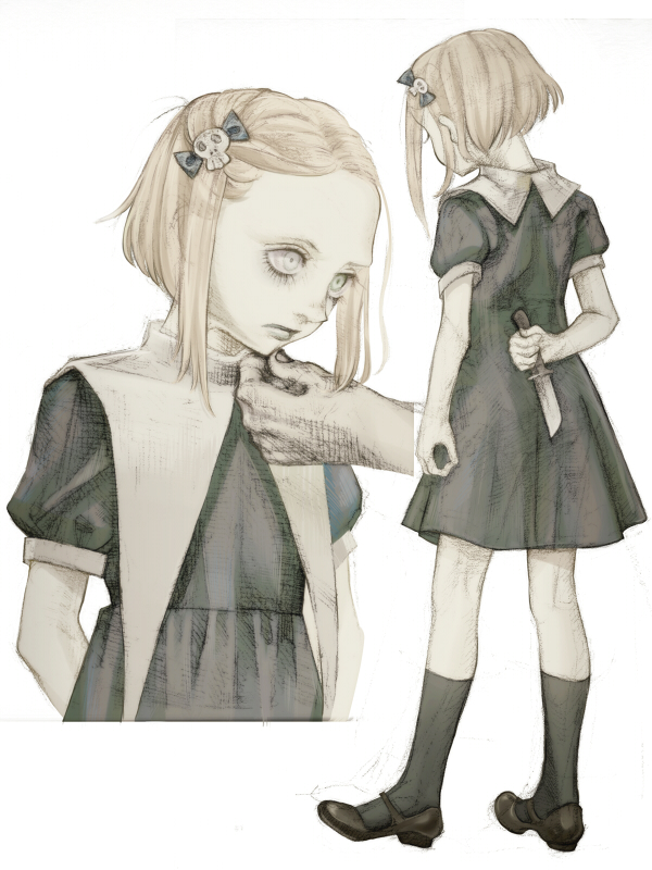 1girl, black_dress, black_socks, blonde_hair, child, dress, from_behind, full_body, grabbing_another's_chin, hair_ornament, hair_ribbon, hairpin, hand_on_another's_chin, kneehighs, knife, lenore, lenore_lynchfast, lenore_the_cute_little_dead_girl, marydill, multiple_views, pale_skin, ribbon, simple_background, skull, socks, solo_focus, upper_body, weapon, white_background, white_eyes