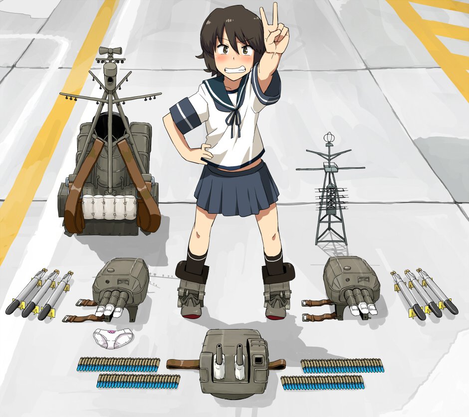 10s, 1girl, ammunition, bad_id, bad_twitter_id, black_hair, blue_skirt, blush