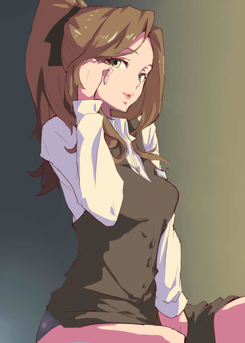 10s, 1girl, absurdres, black_panties, brown_hair, ceda_(dace), female_focus, green_eyes