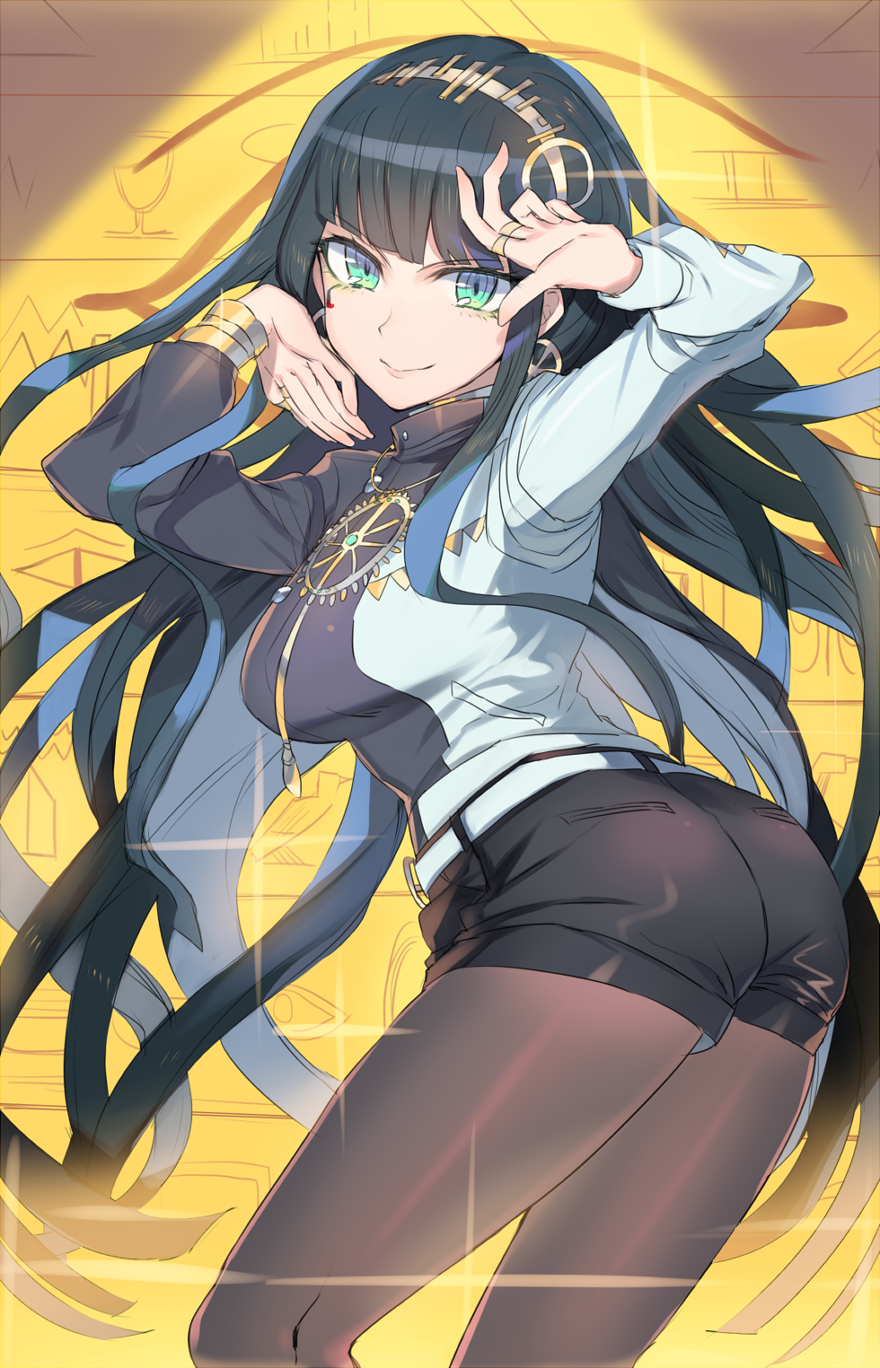 1girl, ass, black_hair, bracelet, breasts, cleopatra_(fate), cow_(shadow), earrings, fate/grand_order, fate_(series), female_focus, green_eyes, hairband, hieroglyphics, highres, jewelry, long_hair, necklace, pantyhose, pantyhose_under_shorts, ring, ring_necklace, shorts, smile, solo