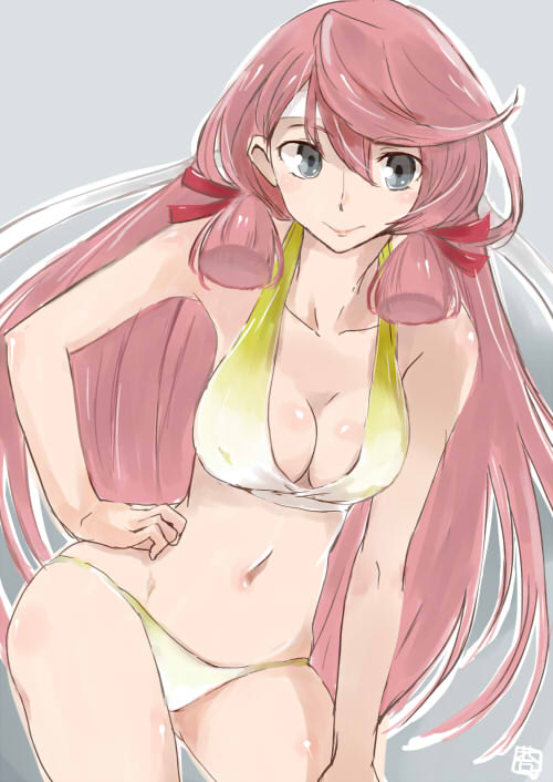 10s, 1girl, akashi_(kancolle), bandana, bikini, blue_eyes, breasts, cleavage
