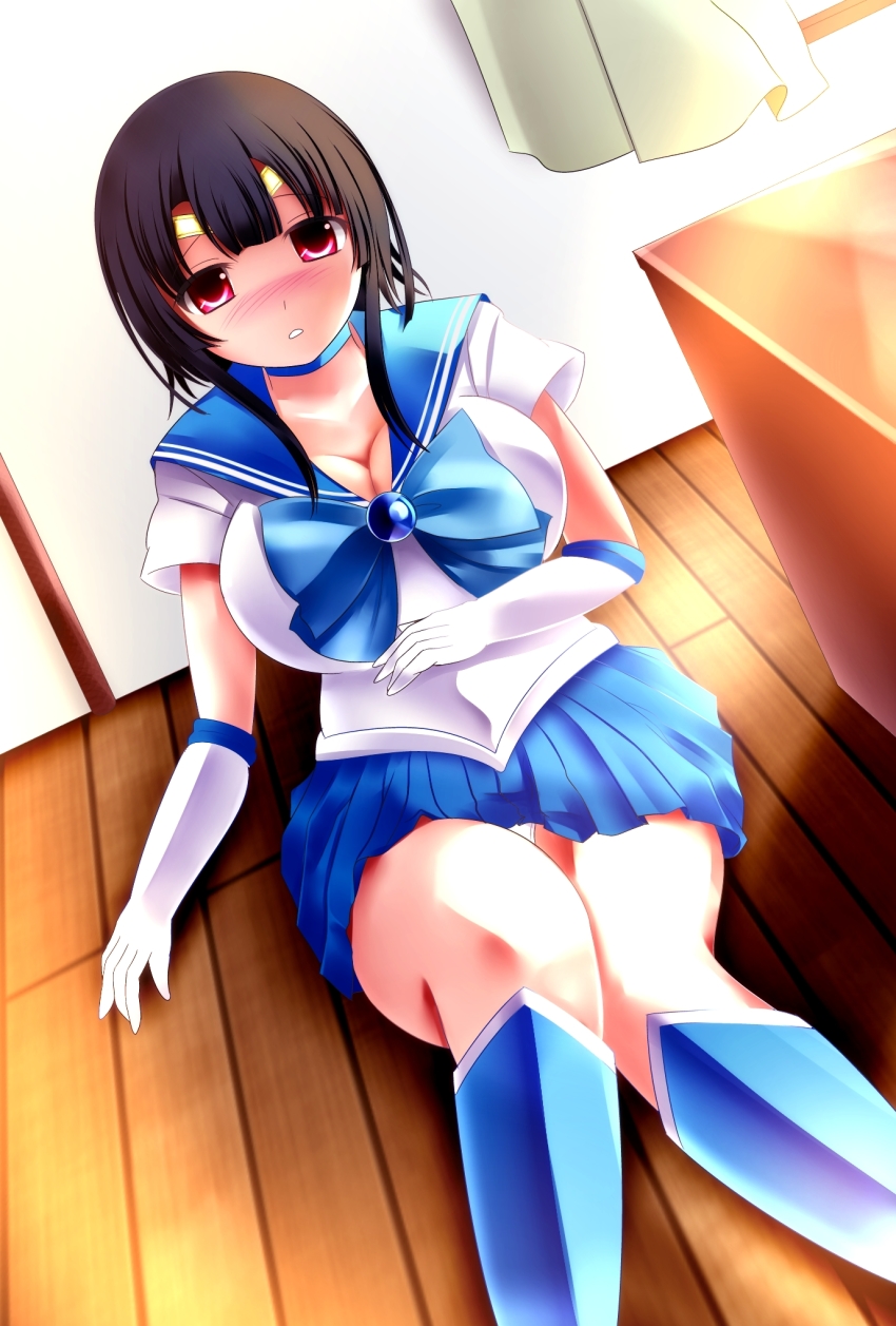 1girl, bishoujo_senshi_sailor_moon, black_hair, blue_boots, blue_sailor_collar, blue_skirt, blush, boots, breasts, cleavage, cosplay, elbow_gloves, female_focus, gloves, highres, huge_breasts, indoors, kantai_collection, kazusa_fujinomiya, knee_boots, looking_at_viewer, looking_back, magical_girl, miniskirt, panties, red_eyes, sailor_collar, sailor_mercury, sailor_mercury_(cosplay), sailor_senshi, short_hair, sitting, skirt, solo, takao_(kancolle), tiara, underwear, upskirt, white_gloves, white_panties