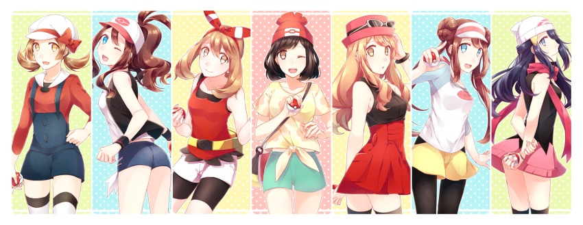 6+girls, 904400-9826, ass, bag, baseball_cap, beanie, bike_shorts, black_hair, black_legwear, blue_eyes, bow, brown_eyes, brown_hair, dawn_(pokemon), double_bun, eyewear_on_head, fanny_pack, front-tie_top, glasses, hair_bun, hair_ornament, hairclip, hat, highres, hilda_(pokemon), holding, long_hair, lyra_(pokemon), may_(pokemon), may_(pokemon_oras), multiple_girls, nintendo, one_eye_closed, open_mouth, overalls, pantyhose, pantyhose_under_shorts, poke_ball, pokemon, pokemon_black_and_white, pokemon_black_2_and_white_2, pokemon_diamond/pearl/platinum, pokemon_heartgold_and_soulsilver, pokemon_omega_ruby_and_alpha_sapphire, pokemon_sun_and_moon, pokemon_x_and_y, ponytail, ribbon, rosa_(pokemon), scarf, selene_(pokemon), serena_(pokemon), shirt, short_hair, short_shorts, shorts, single_hair_bun, skirt, sleeveless, sleeveless_shirt, smile, sunglasses, tank_top, thighhighs, twintails, very_long_hair, vest, visor_cap, white_legwear, wristband