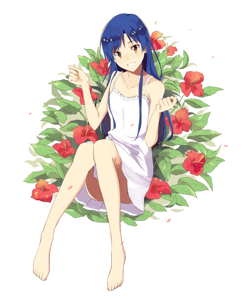 1girl, barefoot, blue_hair, brown_eyes, collarbone, dress, female_focus, flower, full_body, grin, hibiscus, highres, idolmaster, idolmaster_(classic), kisaragi_chihaya, long_hair, red_flower, simple_background, smile, solo, sundress, teru_(grafroller), white_background, white_dress
