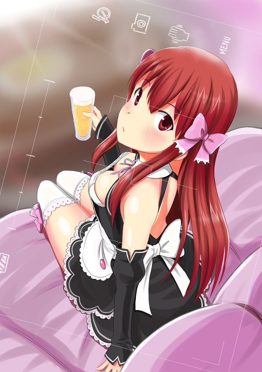 1girl, alcohol, amane_(dream_c_club), beer, bow, breasts, brown_eyes, brown_hair