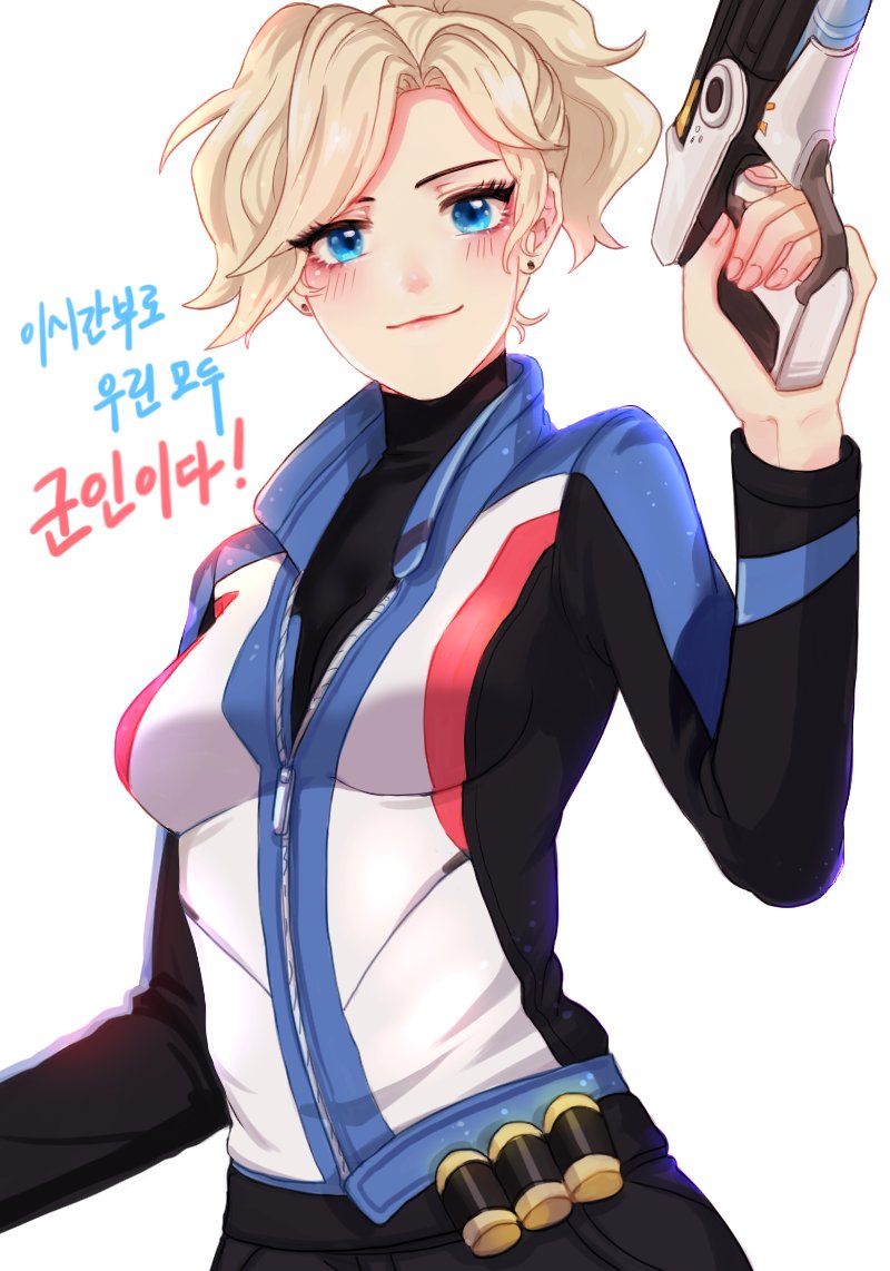 1girl, alternate_costume, ammunition_belt, bad_id, bad_twitter_id, bandolier, belt, black_pants, blonde_hair, blue_eyes, blush, bodysuit, breasts, cleavage, closed_mouth, cosplay, earrings, explosion, explosive, eyelashes, female_focus, finger_on_trigger, fingernails, grenade, gun, hand_up, handgun, holding, holding_gun, holding_weapon, jacket, jewelry, lips, long_sleeves, looking_at_viewer, medium_breasts, mercy_(overwatch), overwatch, overwatch_1, pants, perio_67, pink_lips, pistol, ponytail, simple_background, soldier:_76_(overwatch), soldier:_76_(overwatch)_(cosplay), solo, stud_earrings, turtleneck, upper_body, weapon, white_background, zipper