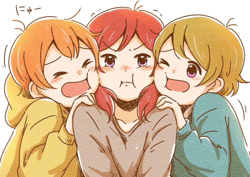 >:i, >_<, 10s, 3girls, :i, brown_hair, cheek-to-cheek, cheek_squash