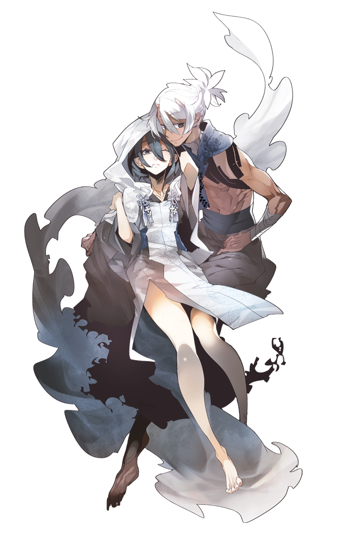 1boy, 1girl, bandaged_arm, bandages, barefoot, black_hair, commentary, dark-skinned_male