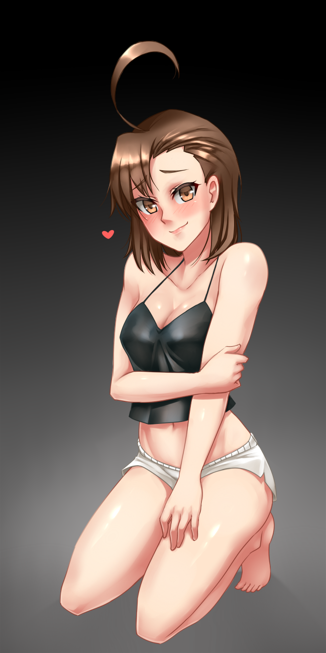 10s, 1girl, ahoge, andou_natsuki, barefoot, blush, breasts, brown_eyes