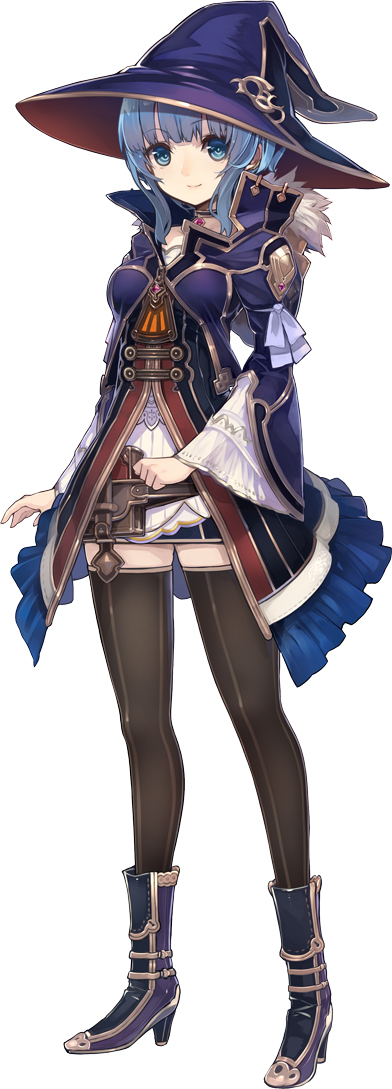 1girl, black_thighhighs, blue_eyes, blue_hair, boots, collar, detached_sleeves, dress, fam_(grimms_notes), female_focus, full_body, grimms_notes, hat, hosato_mikine, jewelry, looking_at_viewer, miniskirt, short_dress, short_hair, simple_background, skirt, smile, solo, standing, thighhighs, white_background, wide_sleeves, witch_hat, zettai_ryouiki