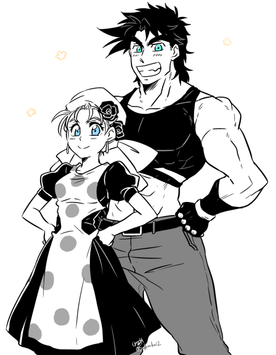 1boy, 1girl, abs, apron, aqua_eyes, bandana, belt, blue_eyes