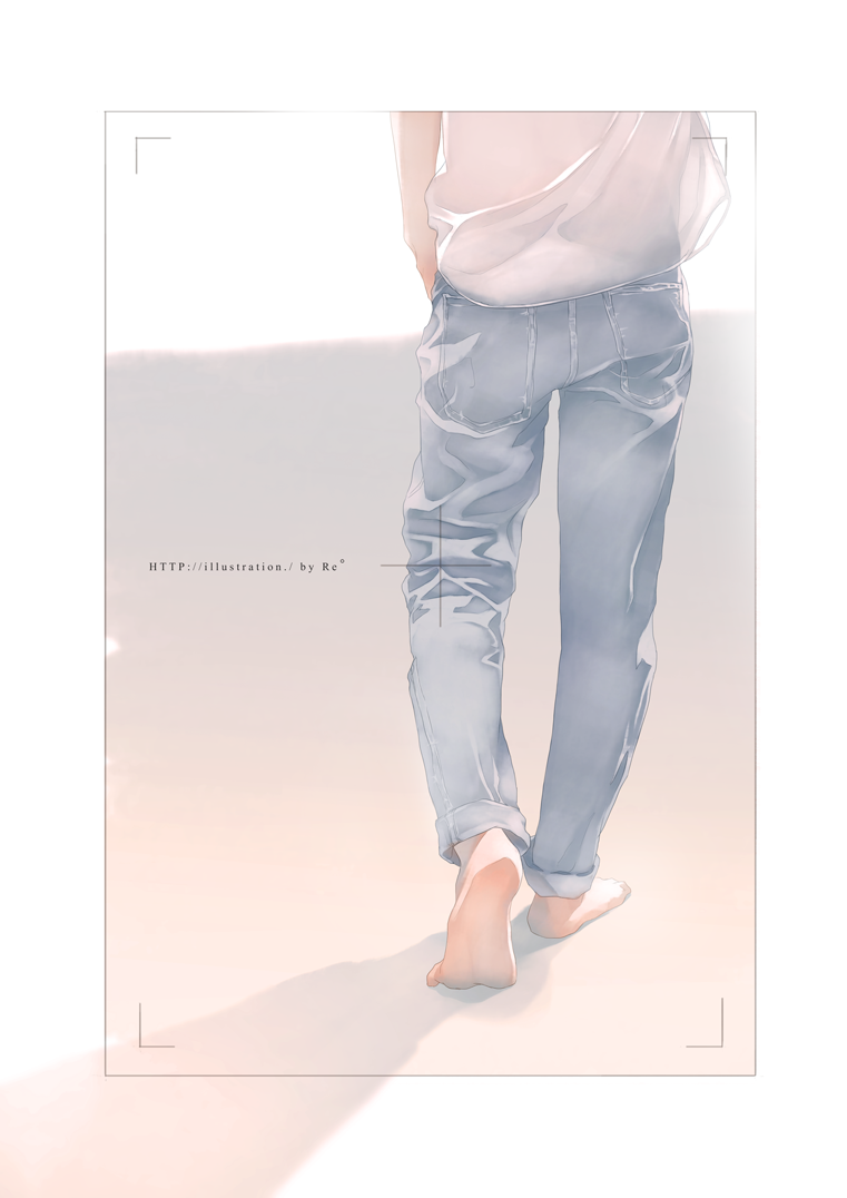 1boy, backlighting, barefoot, head_out_of_frame, jeans, male_focus, original, pants