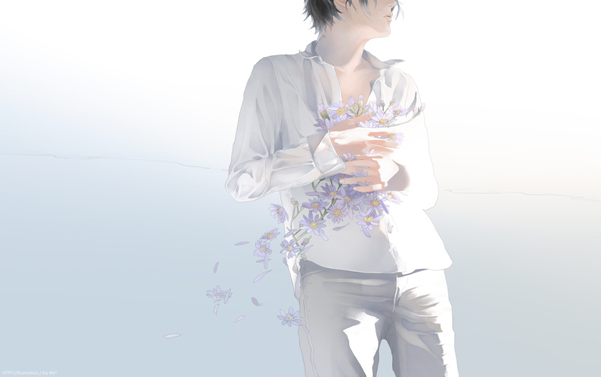 1boy, black_hair, collared_shirt, flower, gradient_background, male_focus, original, pants