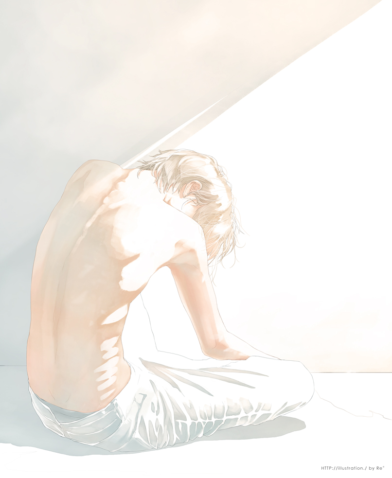 1boy, back, blonde_hair, from_behind, full_body, male_focus, original, pants