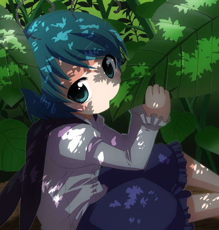 1girl, antennae, aqua_eyes, aqua_hair, aro, bloomers, cape, dappled_sunlight