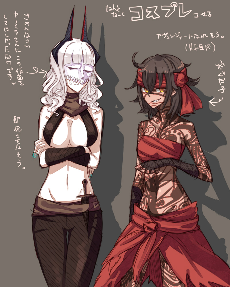 2girls, alternate_hair_color, angra_mainyu_(fate), angra_mainyu_(fate)_(cosplay), assassin_(fate/zero), assassin_(fate/zero)_(cosplay), bandeau, breasts, brown_hair, carmilla_(fate), cleavage, cosplay, dagger, fate/grand_order, fate_(series), female_assassin_(fate/zero), female_assassin_(fate/zero)_(cosplay), fujimaru_ritsuka_(female), groin, hollomaru, knife, large_breasts, long_hair, mask, midriff, multiple_girls, navel, silver_hair, tattoo, thigh_gap, translation_request, weapon, yellow_eyes