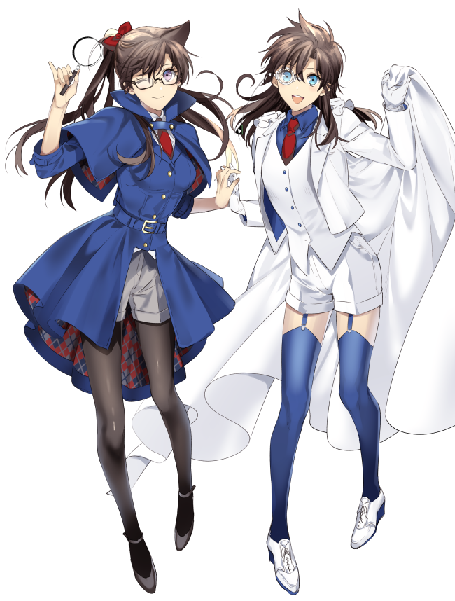 2girls, adapted_costume, black_hair, black_legwear, blue_eyes, blue_legwear, cape, cosplay, edogawa_conan, edogawa_conan_(cosplay), glasses, gloves, interlocked_fingers, kaitou_kid, kaitou_kid_(cosplay), long_hair, magic_kaito, meitantei_conan, monocle, mouri_ran, multiple_girls, nakamori_aoko, one_eye_closed, pantyhose, phantom_thief, purple_eyes, ro-a, shorts, thighhighs