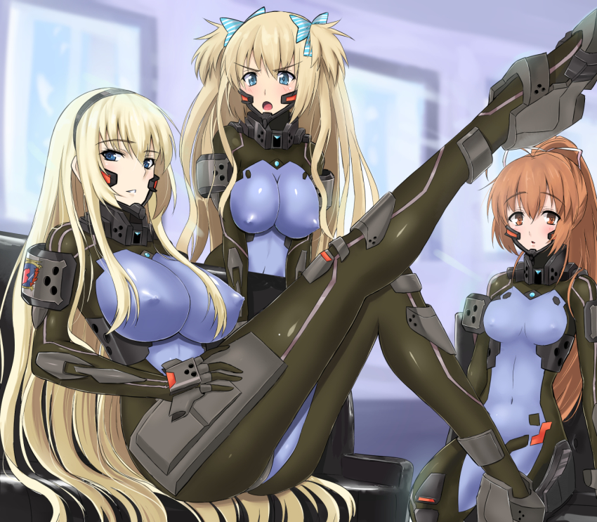 3girls, blonde_hair, blue_bow, blue_eyes, blush, bodysuit, bow, breasts