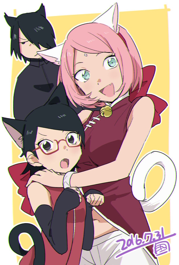 1boy, 2016, 2girls, animal_ears, bad_id, bad_pixiv_id, bell, black_hair