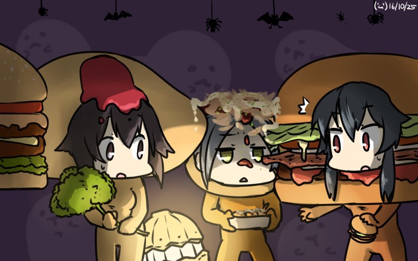 10s, 3girls, ^^^, alternate_costume, bat_(animal), black_hair, broccoli, brown_eyes, burger, burger_costume, commentary_request, dated, food, ghost, green_eyes, hair_ornament, hairclip, halloween, hamu_koutarou, hayasui_(kancolle), highres, holding, holding_food, jitome, kantai_collection, kuroshio_(kancolle), multiple_girls, omelet, omelet_costume, omurice, short_hair, sidelocks, sweat, takoyaki, takoyaki_costume, yahagi_(kancolle)