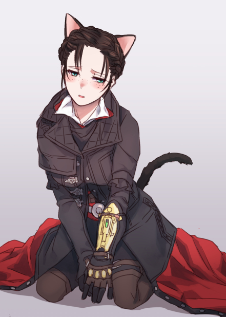 1girl, animal_ears, asada_ryou, assassin's_creed:_syndicate, assassin's_creed_(series), blush, cat_ears, cat_tail, evie_frye, female_focus, freckles, kemonomimi_mode, quilted_jacket, short_hair, solo, tail
