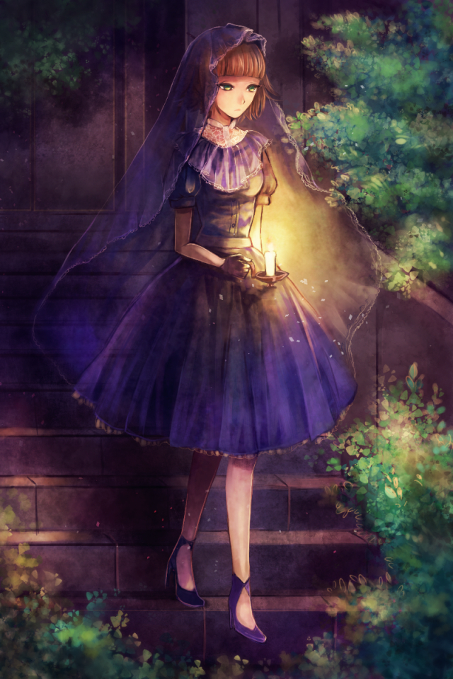 black_gloves, blue_dress, bush, candle, choker, dress, full_body, headdress