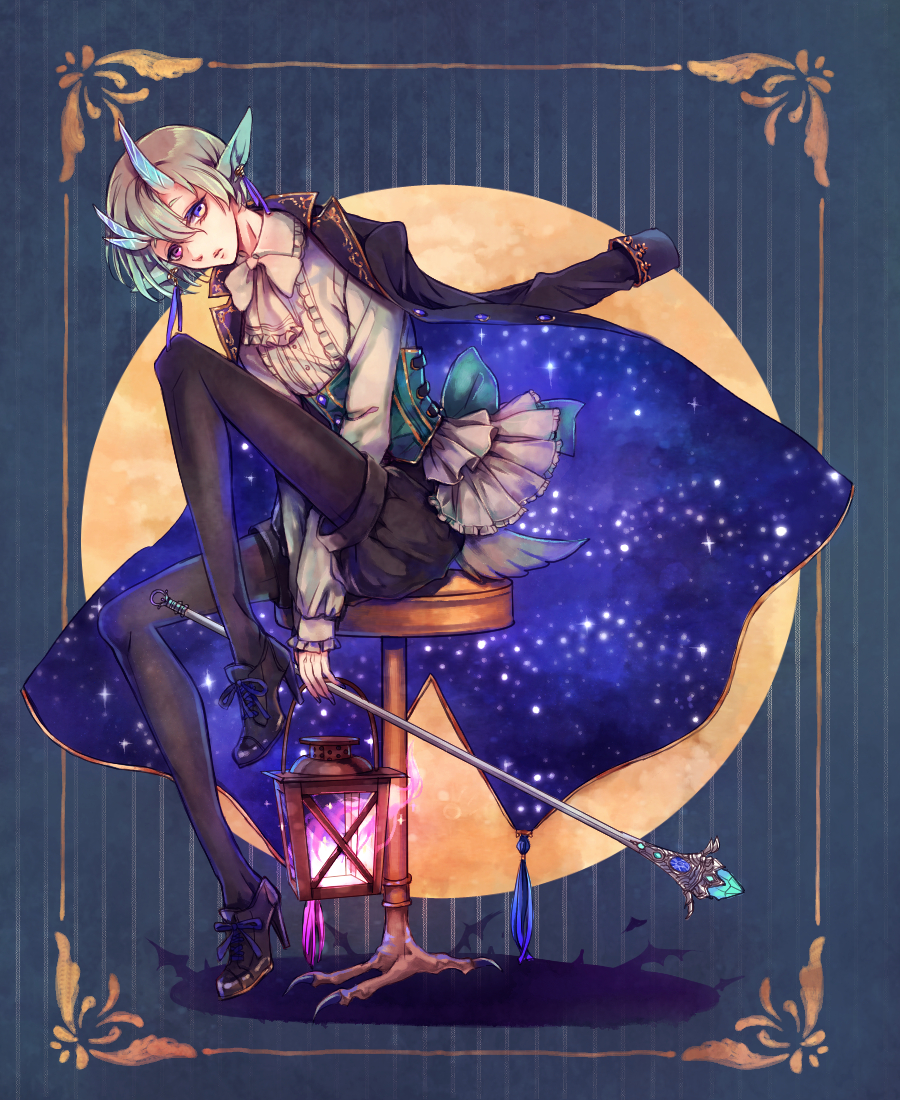 1girl, chair, expressionless, high_heels, jacket, jacket_on_shoulders, laces, lamp