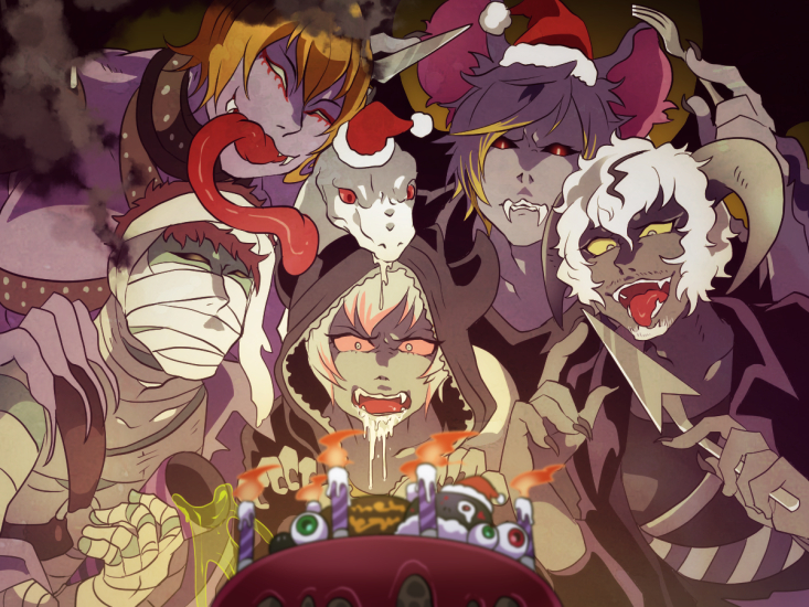 10s, 5boys, animal_ears, bat_ears, bat_wings, beard, black_sclera, black_skin, blonde_hair, brown_hair, cake, candle, christmas, colored_sclera, colored_skin, curly_hair, demon_bat_(show_by_rock!!), demon_mangu_(show_by_rock!!), demon_mogu, demon_mummy_(show_by_rock!!), demon_smog_(show_by_rock!!), drooling, facial_hair, fingernails, food, fork, glowing, glowing_eyes, green_skin, grey_skin, hat, hood, hoodie, horns, jacket, knife, leather, leather_jacket, long_tongue, looking_down, male_focus, maruboku, multicolored_hair, multiple_boys, mummy, mustache, no_pupils, party_popper, purple_skin, santa_hat, sharp_fingernails, show_by_rock!!, slime_(substance), snake, streaked_hair, tasmanian_demon_(show_by_rock!!), tongue, tongue_out, white_hair, wings, yellow_sclera