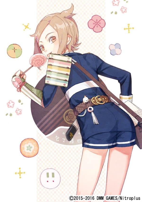 10s, 1boy, :p, armor, ass, bag, brown_eyes, brown_hair, candy, child, flower, food, hair_ornament, hairclip, houchou_toushirou, japanese_armor, kote, kumita_(sumica), lollipop, looking_back, male_focus, matching_hair/eyes, messenger_bag, military, military_uniform, official_art, short_sword, shorts, shoulder_armor, shoulder_bag, snow_rabbit, sode, solo, sword, tantou, tongue, tongue_out, touken_ranbu, weapon