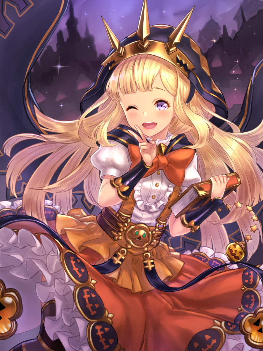 10s, 1girl, ;d, blonde_hair, blush, book, bow, cagliostro_(granblue_fantasy)