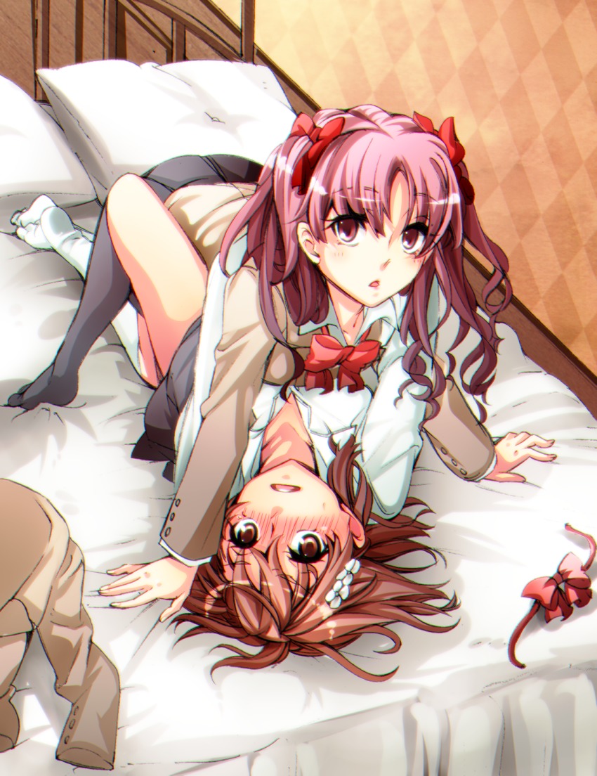 2girls, bed, black_socks, blazer, blush, bow, bowtie, breast_press