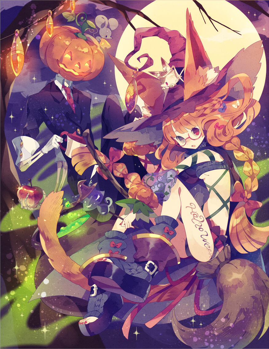 1girl, animal_ears, apple, arm_ribbon, bare_tree, belt, blue_bow, boots