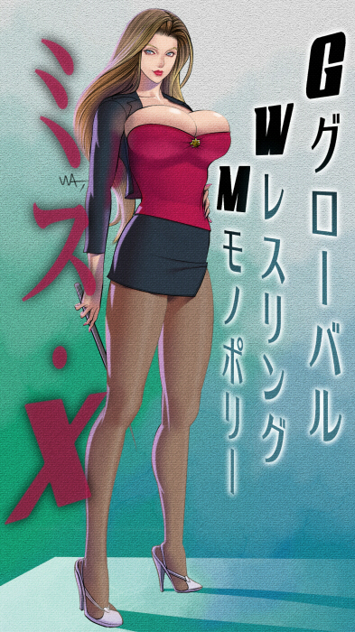 10s, 1girl, artist_name, backlighting, black_skirt, blouse, blue_eyes, breasts, brown_hair, brown_pantyhose, bursting_breasts, character_name, cleavage, facing_viewer, female_focus, full_body, gradient_background, hand_on_own_hip, high_heels, large_breasts, legs, legs_apart, lips, lipstick, long_hair, long_legs, looking_at_viewer, makeup, microskirt, miniskirt, miss_x_(tiger_mask), nail_polish, pantyhose, pencil_skirt, pointer, realistic, red_shirt, shirt, side_slit, simple_background, skirt, solo, standing, stiletto_heels, strapless, thighs, tiger_mask_(series), tiger_mask_w, translated, tube_top, wakino_keibun