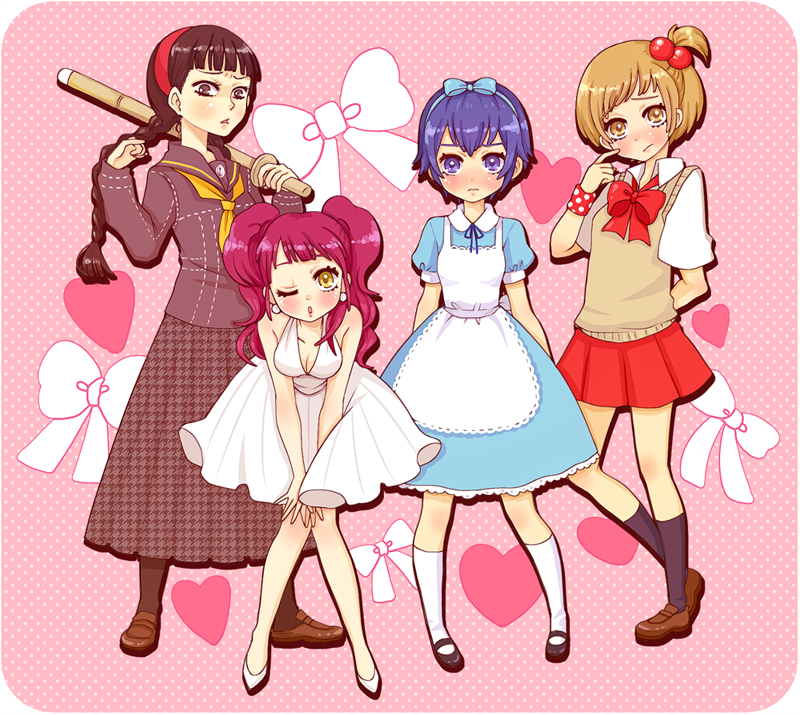 4girls, alice_(alice_in_wonderland), alice_(alice_in_wonderland)_(cosplay), alice's_adventures_in_wonderland, amagi_yukiko, apron, atlus, black_hair, blonde_hair, blue_hair, blush, bow, braid, brown_eyes, brown_hair, cosplay, delinquent, dress, earrings, hair_bow, hairband, headband, jewelry, kneehighs, kujikawa_rise, marilyn_monroe, mary_janes, multiple_girls, one_eye_closed, persona, persona_4, pink_hair, pinkmm, purple_eyes, satonaka_chie, school_uniform, serafuku, shirogane_naoto, shoes, short_hair, skirt, socks, sukeban, sweater_vest, twintails, vest, wink, yellow_eyes