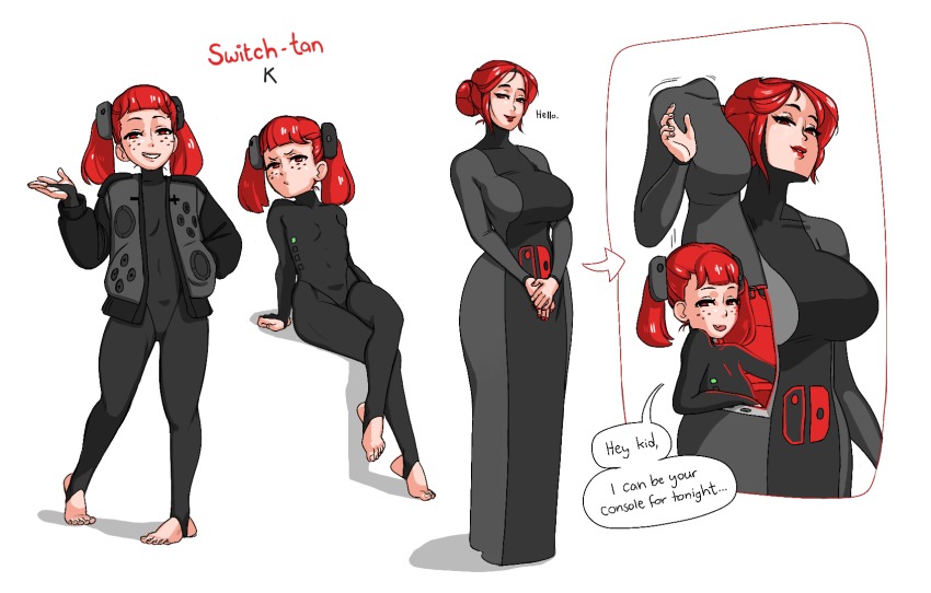 2girls, 4chan, android, bodysuit, breasts, bridal_gauntlets, child, console-tan, drawfag, freckles, highres, jacket, large_breasts, lipstick, looking_at_viewer, makeup, mature_female, multiple_girls, nintendo, nintendo_switch, personification, red_eyes, red_hair, short_twintails, simple_background, stirrup_legwear, switch-tan, toeless_legwear, toes, twintails, white_background