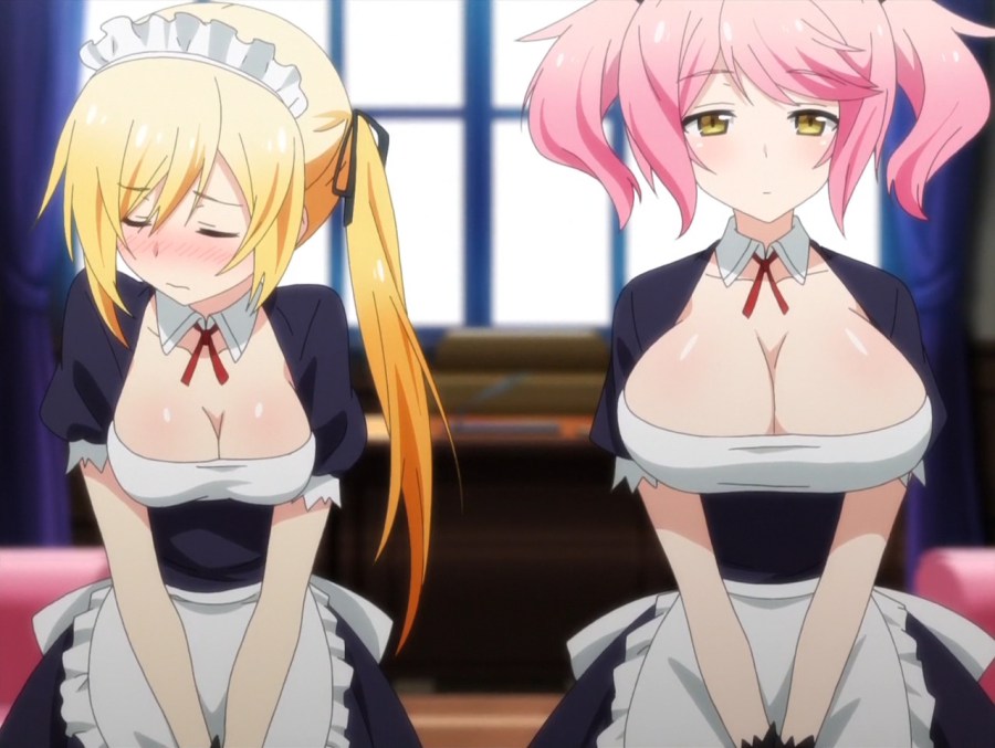 10s, 2girls, ahoge, asymmetrical_hair, black_legwear, blonde_hair, blush, bowing