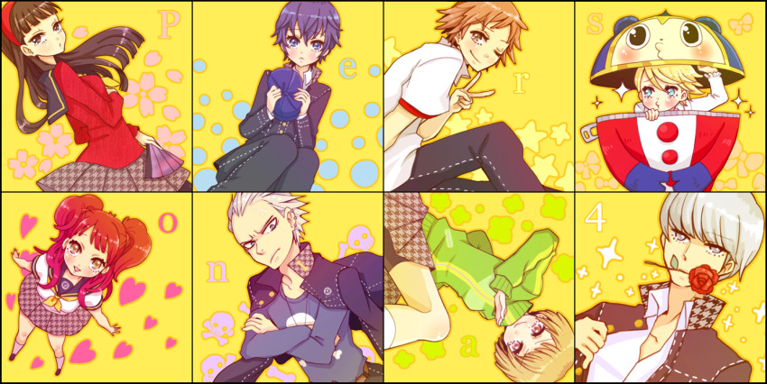 4boys, 4girls, amagi_yukiko, atlus, everyone, hanamura_yousuke, kujikawa_rise, kuma_(human)_(persona_4), kuma_(persona_4), multiple_boys, multiple_girls, narukami_yu, persona, persona_4, pinkmm, satonaka_chie, school_uniform, serafuku, shirogane_naoto, tatsumi_kanji