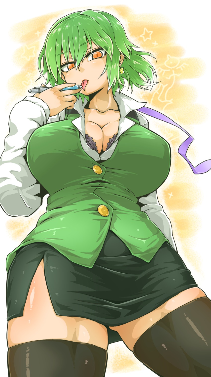10s, 1girl, absurdres, alternate_costume, black_bra, black_skirt, black_thighhighs, bra, breasts, cleavage, collarbone, cosplay, cowboy_shot, earrings, female_focus, formal_clothes, green_hair, green_vest, highres, hikage_(senran_kagura), idolmaster, idolmaster_(classic), jewelry, large_breasts, long_sleeves, looking_at_viewer, office_lady, orange_eyes, otonashi_kotori, otonashi_kotori_(cosplay), pen, pencil_skirt, senran_kagura, shirt, short_hair, side_slit, skirt, skirt_suit, solo, suit, thick_thighs, thighhighs, thighs, tobatoinu, tongue, tongue_out, underwear, vest, white_shirt
