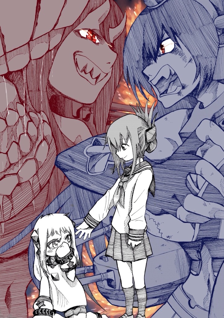 10s, 4girls, abyssal_ship, anchor_symbol, bad_id, bad_pixiv_id, battleship_princess, female_focus, flat_cap, folded_ponytail, hair_ornament, hairclip, hat, headgear, horns, hyakusei, inazuma_(kancolle), kantai_collection, kneehighs, long_hair, mittens, monochrome, multiple_girls, multiple_monochrome, nagato_(kancolle), northern_ocean_princess, red_eyes, school_uniform, serafuku, skirt, socks, tears, teeth