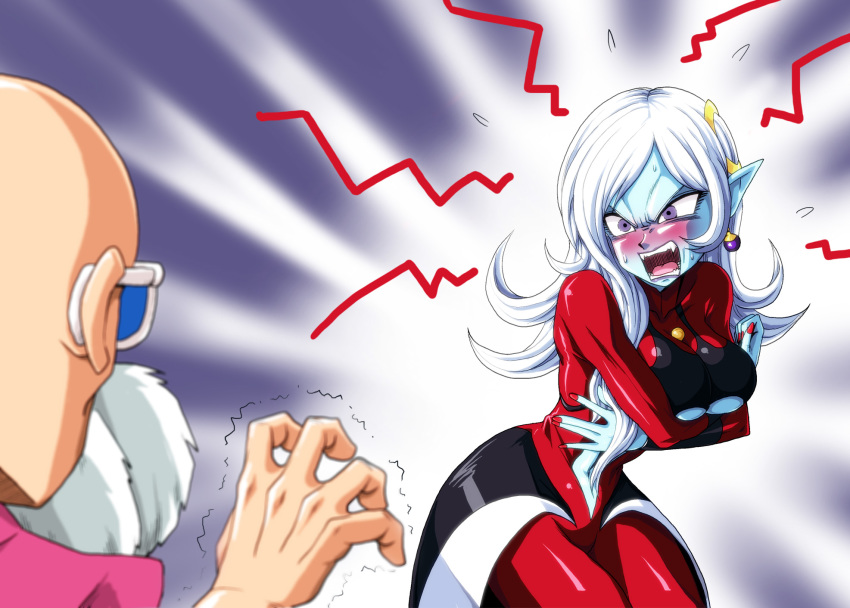 1girl, angry, blue_skin, blush, breasts, colored_skin, covering_breasts, covering_privates, demon_girl, dragon_ball, dragon_ball_heroes, dragon_ball_xenoverse, earrings, fangs, flying_sweatdrops, highres, jewelry, kamishima_kanon, long_hair, long_sleeves, medium_breasts, muten_roushi, nail_polish, netorare, nose_blush, nose_bubble, official_style, old, old_man, pointy_ears, purple_eyes, red_nails, showgirl_skirt, sweat, teeth, towa_(dragon_ball), trembling, underboob, white_hair