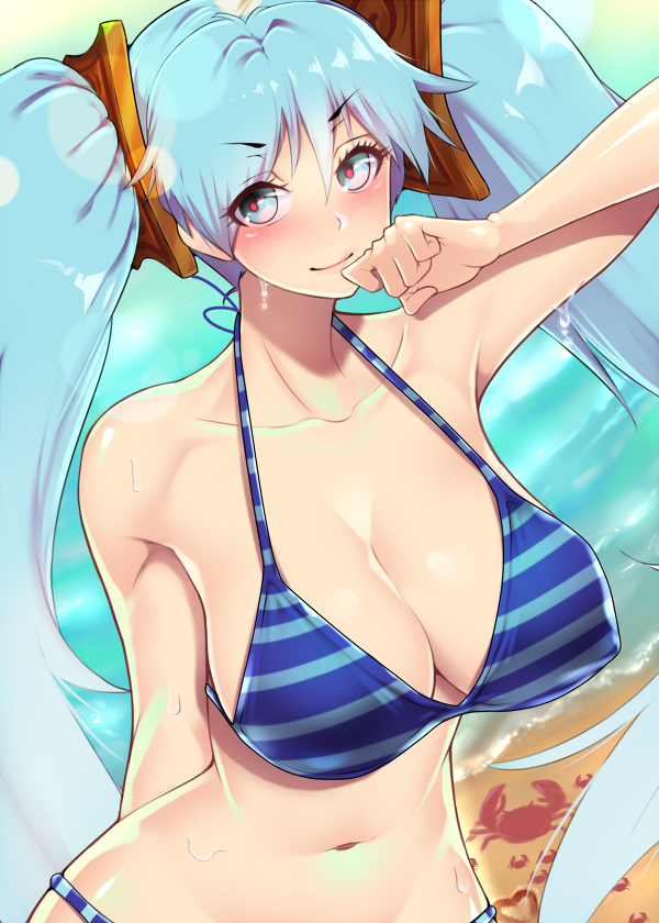 >:), 1girl, akoniii, bare_arms, bare_shoulders, beach, big_hair, bikini, blue_eyes, blue_hair, blush, breasts, cleavage, closed_mouth, collarbone, covered_erect_nipples, crab, female_focus, hair_ornament, large_breasts, league_of_legends, long_hair, looking_at_viewer, matching_hair/eyes, navel, shiny_skin, solo, sona_(league_of_legends), stomach, striped_bikini, striped_clothes, swimsuit, twintails, upper_body, v-shaped_eyebrows, very_long_hair, wet
