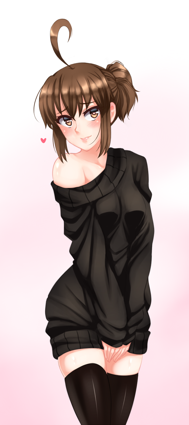 10s, 1girl, ahoge, andou_natsuki, black_sweater, black_thighhighs, blush, brown_eyes