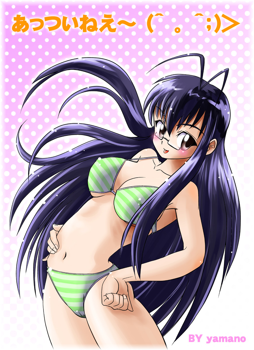 00s, antenna_hair, bad_id, bad_pixiv_id, bikini, black_hair, brown_eyes, emoticon