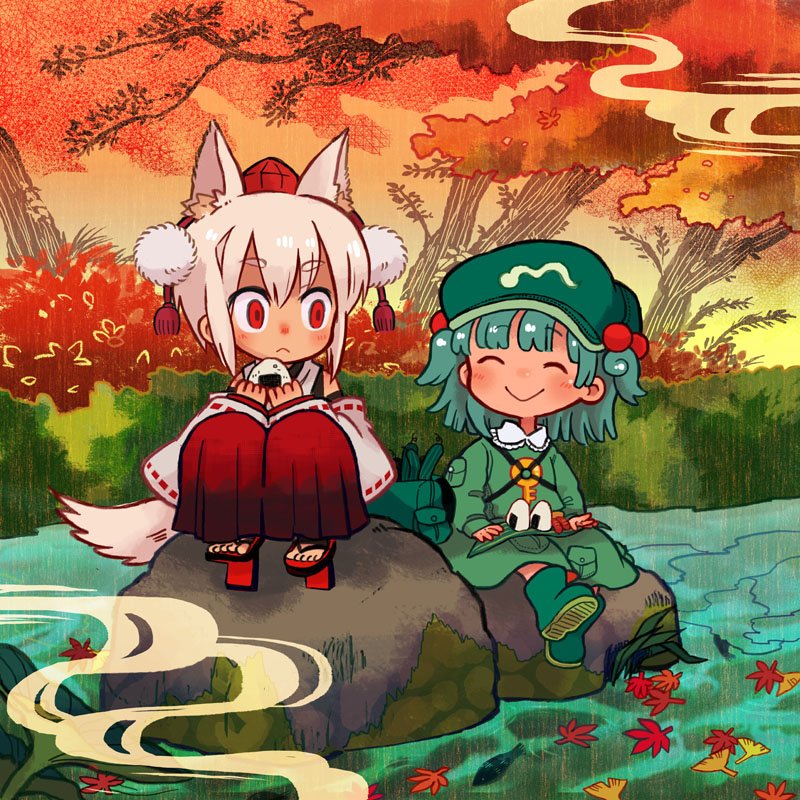 2girls, :>, ^_^, animal_ears, aqua_hair, autumn_leaves, backpack, bag