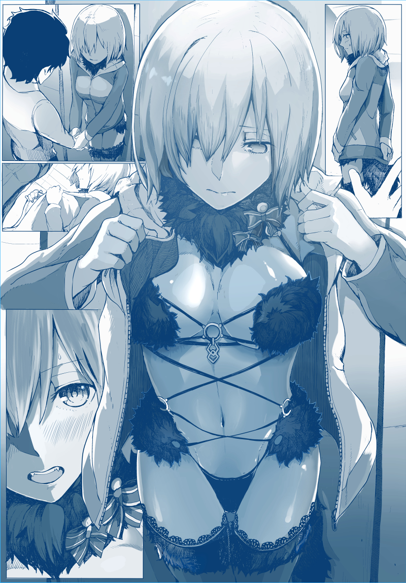 1boy, 1girl, arm_grab, blue_theme, blush, breasts, choker, cleavage