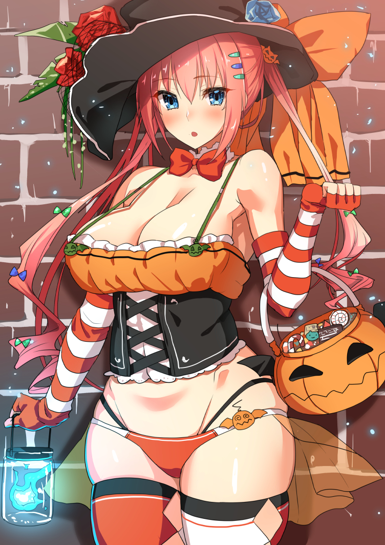 1girl, :o, b-ginga, bare_shoulders, basket, blue_bow, blue_eyes, blue_flower, blue_rose, blush, bottle, bow, bowtie, breasts, brick_wall, candy, candy_cane, chocolate, cleavage, corset, cowboy_shot, elbow_gloves, female_focus, fingerless_gloves, flower, food, food-themed_hair_ornament, gloves, green_bow, hair_bow, hair_ornament, halloween, hat, hat_flower, hat_ribbon, hitodama, jack-o'-lantern, large_breasts, long_hair, looking_at_viewer, orange_ribbon, original, panties, pink_hair, pumpkin, pumpkin_hair_ornament, red_bow, red_bowtie, red_flower, red_panties, red_rose, red_thighhighs, ribbon, rose, see-through_clothes, shiny_skin, skindentation, solo, standing, striped_clothes, striped_gloves, thighhighs, underwear, wisp, witch_hat