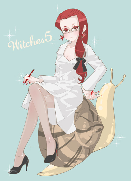 1990s_(style), 1girl, bad_id, bad_pixiv_id, bishoujo_senshi_sailor_moon, bishoujo_senshi_sailor_moon_s, blue_background, bow, earrings, eudial_(sailor_moon), female_focus, glasses, hair_bow, high_heels, jewelry, lab_coat, md5_mismatch, nail_polish, pantyhose, pen, red_eyes, red_hair, red_nails, retro_artstyle, shoes, sitting, snail, solo, u_lon, witch, witches_5